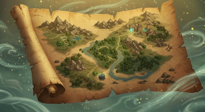 Treasured map revealed in fantasy landscape with mountains and rivers