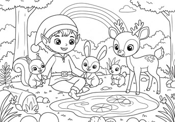 Fototapeta premium Happy Boy Playing with Cute Animals in a Forest Scene