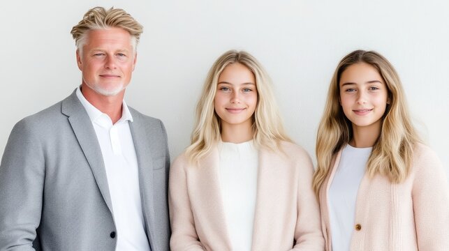 Father and two daughters, casual business attire