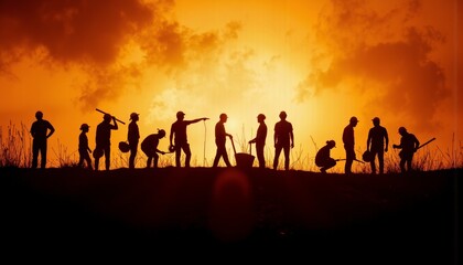 Fototapeta premium Silhouetted people working together against a sunset backdrop 