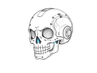 Sketch of a skull with futuristic helmet and glowing blue accents drawn