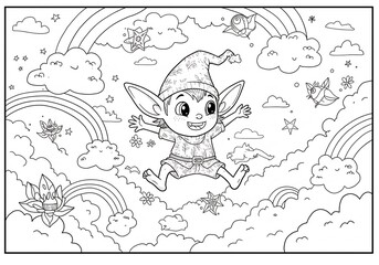 Fototapeta premium Joyful Elf Jumping Amidst Rainbows and Stars