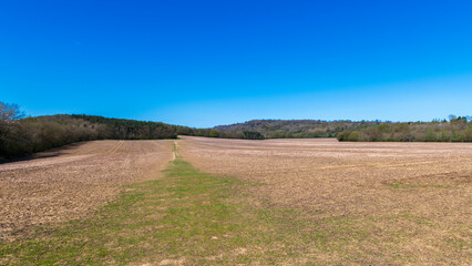 Footpath across ploughed land in Shipbourne near Tonbridge, Kent, England 