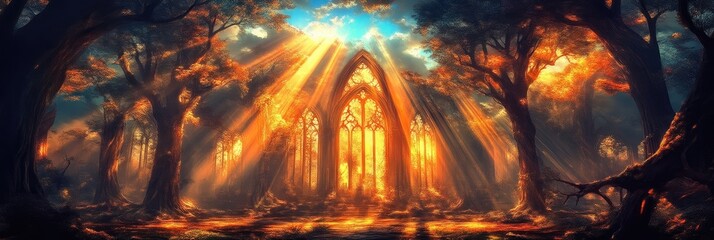 Sunlit, ancient cathedral in a mystical forest