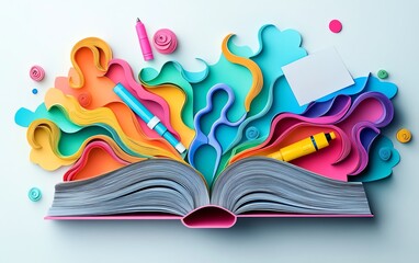 whimsical papercut vector illustration of vibrant school supplies like scissors, markers, and papers floating out of an open book, representing creativity and education