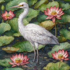 Elegant Egret Amidst Lotus Blossoms A Watercolor Painting