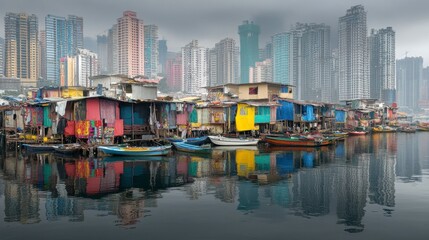 Obraz premium Colorful waterfront houses reflected in calm water, with a hazy cityscape in the background.