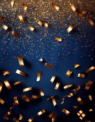 Golden confetti and glitter on deep blue background