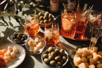 An Italian aperitivo spread with spritz cocktails, olives, and bite sized snacks