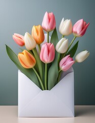 Colorful tulips arranged in white envelope against soft green background