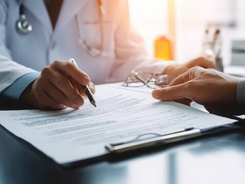 Professional doctor reviewing patients medical history and explaining treatment options, symbolizing healthcare, trust, and informed consent. Perfect for medical articles, hospital websites, and patie