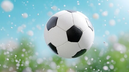 Soccer ball in mid-air, vibrant background