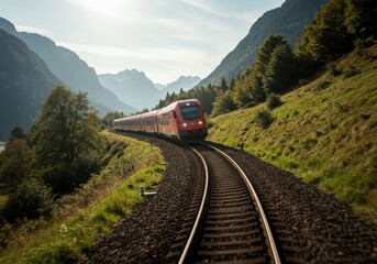 Modern passenger train on winding railroad through scenic alpine landscape. Railway transport for journey, eco travel. Rail tourism in summer mountains concept.