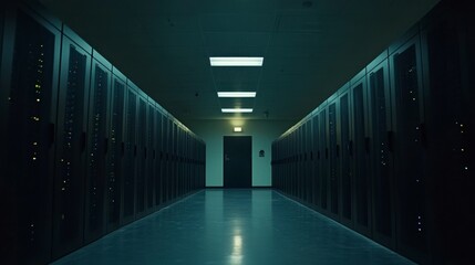 Fototapeta premium Dark server room corridor with rows of black servers and a door at the end, illuminated by fluorescent lights.