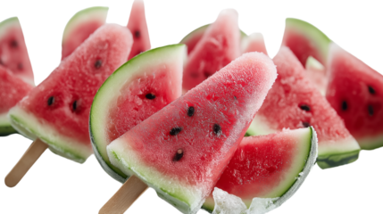 Frozen watermelon popsicles on wooden stick, frosty texture, white background, PNG format, high resolution