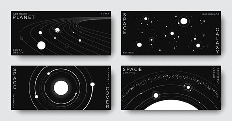 Set of abstract space horizontal backgrounds. Linear galaxy, universe, planet, solar system. Science future concept. Astronomy minimal design for cover, poster, layout, banner, ads, flyer, brochure © Anastasiya Stoma