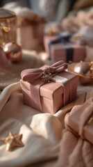 A delicately wrapped gift box rests among shimmering fabrics and golden star accents, evoking a warm, festive atmosphere