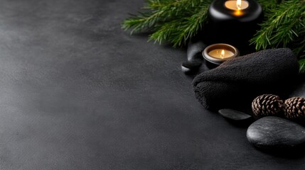 Spa scene with dark accessories.  Candles, stones, and towels arranged for a calming ambiance
