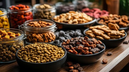 Colorful Variety of Snack Foods in Bowls on Wooden Table