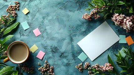 Blank white gift card on a desk with thank you letter sticky notes and coffee cup