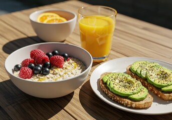 Healthy breakfast with fruit and avocado toast on a wooden table in sunlight. Oatmeal with berries and orange juice for balanced diet concept, for lifestyle publication.