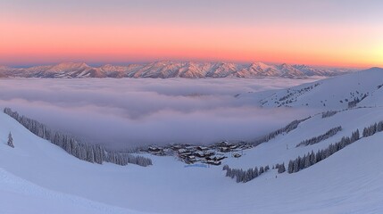 Winter wonderland panorama at sunrise
