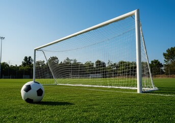 Soccer ball near goalpost on green grass field against blue sky. Outdoor game on the stadium, sport competition or soccer training for background and advertising.