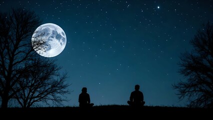 silhouette of a couple sitting on the moon