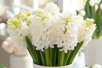 Close-up of three white hyacinth flowers in bloom with green stems. Beautiful spring floral arrangement for decoration and celebration of Easter, Mother's day and the holidays.
