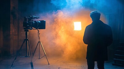 Fototapeta premium Filmmaking scene in a dark, smoky warehouse. A man stands before a bright light, a camera on a tripod in the foreground.