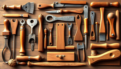 Collection of vintage woodworking tools, vector style, with white tones