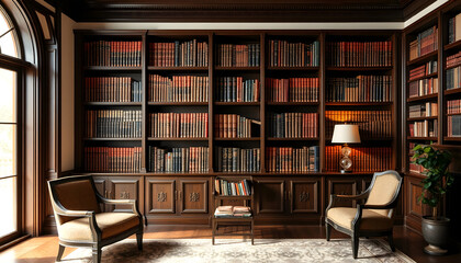Books on Shelves in Library or Study with Classic Dark Wood, with white tones