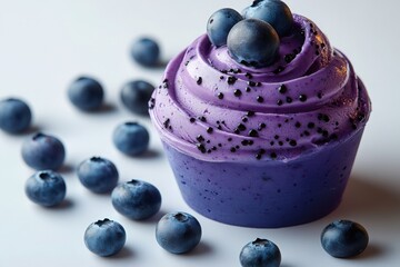 Whimsical blueberry cupcake with purple frosting and fresh blueberries on top