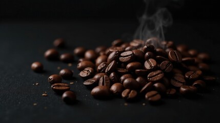 Aromatic Roasted Coffee Beans with Steam Rising, a Dark and Rich Image Evoking the Essence of a Perfect Brew