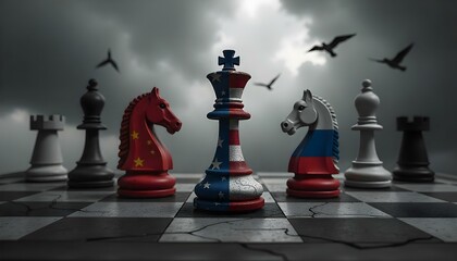 chess board with chess pieces. The flags of America, Russia and China on a chess piece, depicting the competition between the three countries in terms of economy, trade and technology.