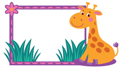 Naklejka premium Cartoon Giraffe with Floral and Grass Border