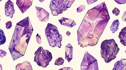 A vibrant collection of amethyst crystals scattered artistically on a soft background, ideal for decorative use