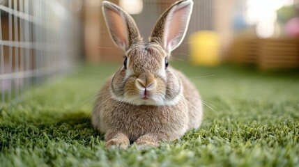 Obraz premium Charming Brown Rabbit Resting on Green Grass in Sunny Environment
