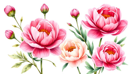 Fototapeta premium Set of peonies flower vintage pink color Watercolor, spring collection of hand drawn flowers , Botanical plant illustration , elegant watercolor ,transparent background, PNG, Dreamy, with white tones