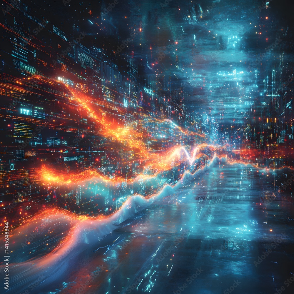 Poster A vibrant digital artwork depicting a wave of data flowing through a futuristic cityscape Backgrounds . A surreal depiction of a Cyber Attack Breach, progress, and the vastness of information.