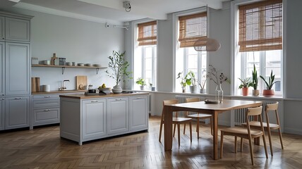Modern clean contemporary gray kitchen, island and wooden dining table with chairs, bamboo and potted plants, big window and herringbone parquet floor, minimalist interior design.