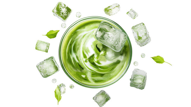 Iced matcha latte with milk swirl in a transparent cup, melting ice cubes, summer style, white background, PNG, professional food styling