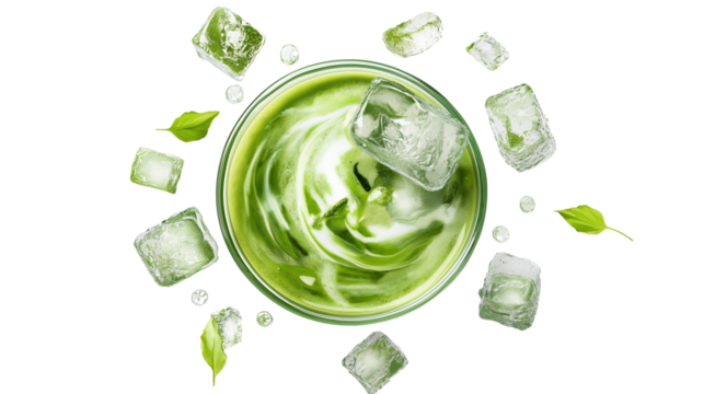 Iced matcha latte with milk swirl in a transparent cup, melting ice cubes, summer style, white background, PNG, professional food styling