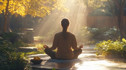 Woman Meditating in Sunlit Garden Peaceful Outdoors Scene