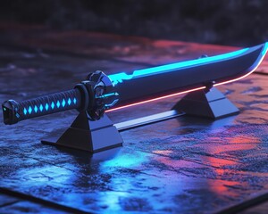 Glowing blue katanas weapon display