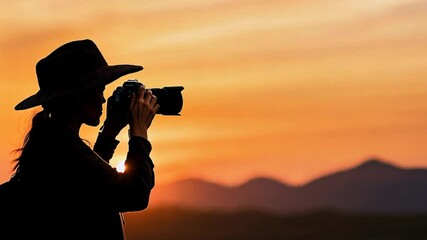 Silhouette of a photographer capturing a sunset over mountains, with vibrant colors in the sky