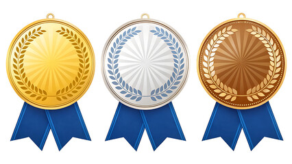 Set of Gold, Silver, and Bronze Medals with Laurel Wreath and Ribbon