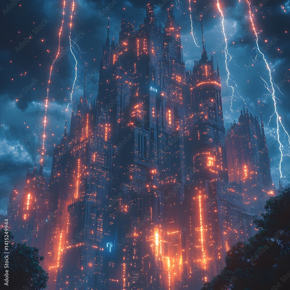 Aufkleber a futuristic gothic castle illuminated by neon lights during a dramatic thunderstorm. futuristic tec