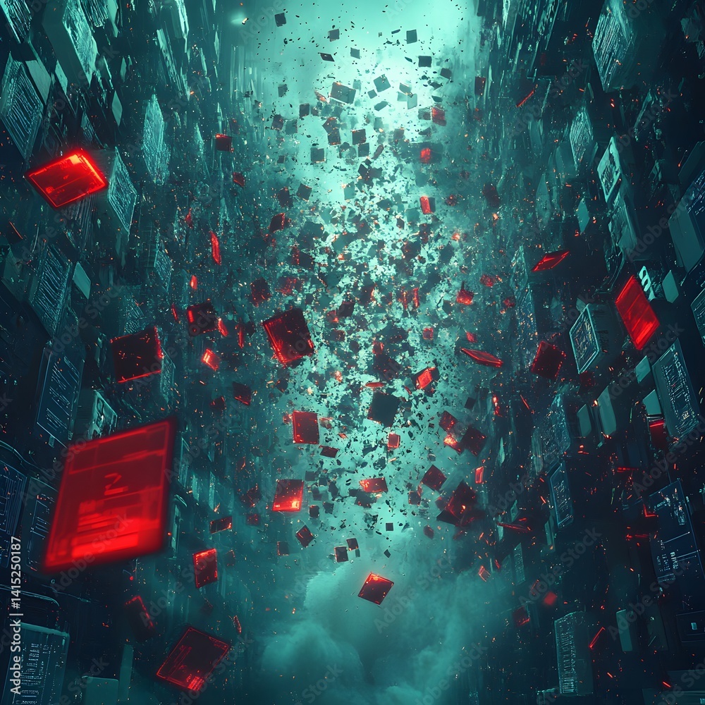 Poster Falling data cubes in a cyberpunk digital world. Teal and red hues create a surreal, intense atmosphere. Futuristic Technology Backgrounds Data Breach