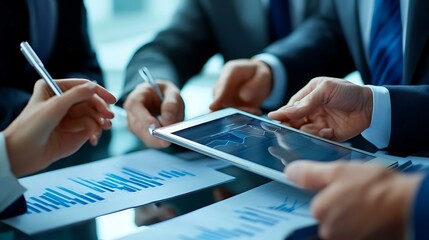 Corporate group enjoying teamwork and innovation while browsing reports on a tablet during a planning meeting